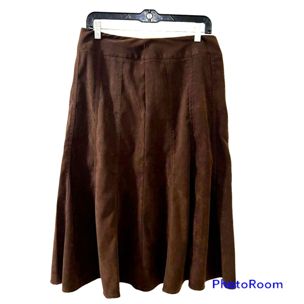 Dressbarn Womens 10 Brown Faux Suede Gored A Line Midi Skirt Stretch Side Zip